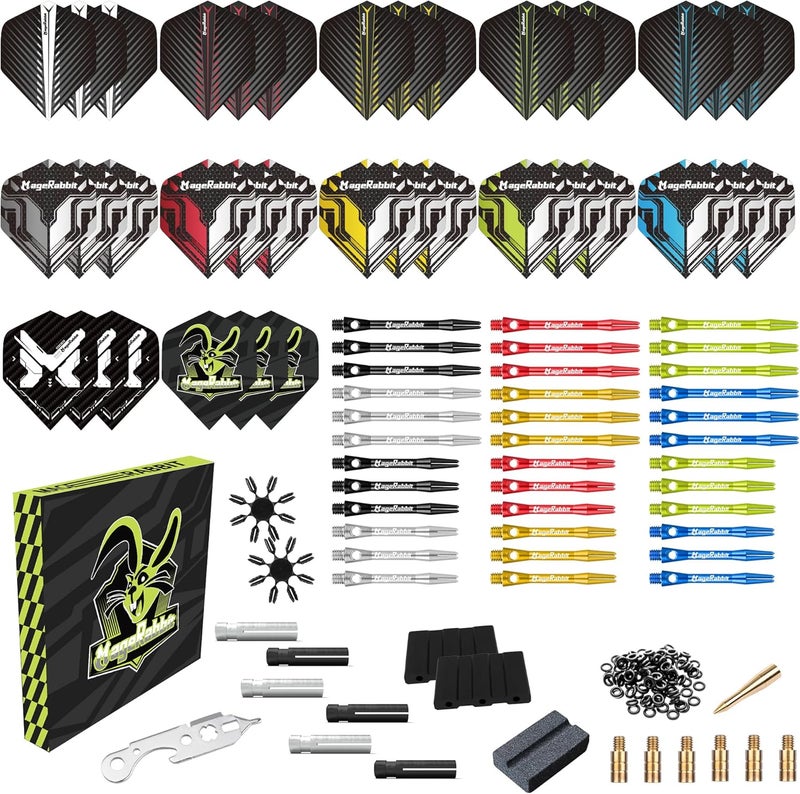 MageRabbit Dart Accessories Kit Including 36pcs Dart Flights 45pcs Dart Shafts for Steel/Soft Tip Darts,Sharpener, Dart Stems Remover Tool, 50 Metal Rings,50 Rubber Rings, Pack of 195pcs Accessories - Image 1